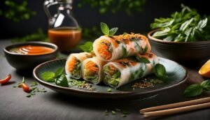 ai generated, spring roll, food, vegetables, vegan, dish, asian food, rice, yummy, restaurant